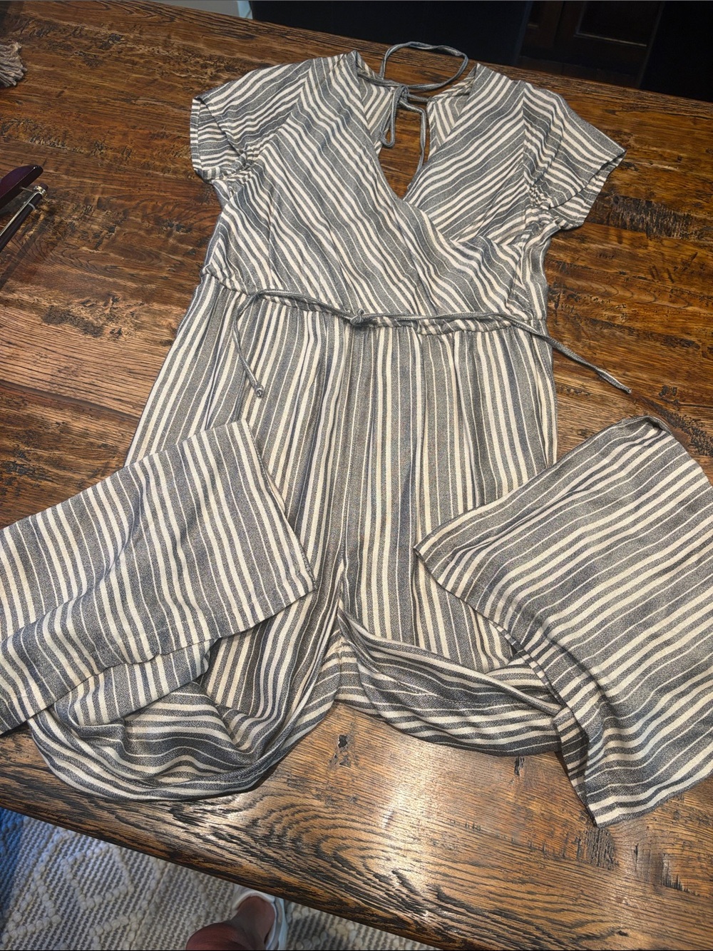 Striped V-Neck Short Sleeve Jumpsuit in Neutral Stripes